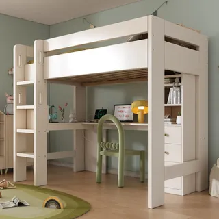 Sweiko Kinderbett Hochbett mit L-förmigem Schreibtisch, Regalen und Schubladen mit USB/Type-C Ladebereich, Jugend-Einzelbett mit Leiter und Holzlattenrost, 90×200cm, Weiß, ohne Matratze.