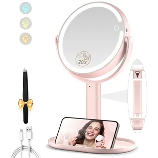 MOMOKUBA Kosmetikspiegel mit Beleuchtung, Vergrößerungsspiegel mit Licht 20fach, Kosmetikspiegel mit Vergrößerung 7", Doppelseitig 3 Farben 64 Led, Schminkspiegel mit Beleuchtung 360° Drehbar, Rosa