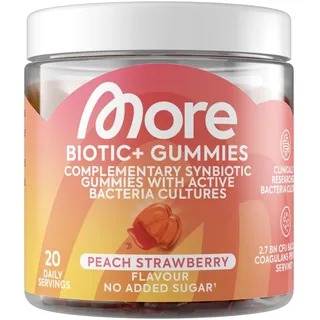 MORE Biotic+ Gummies, 40 Gummies, Peach Strawberry, 20 Portionen an Gummibärchen mit aktiven Bakterienkulturen, kein zugesetzter Zucker1