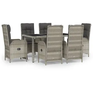 vidaXL 7-tlg. Garten-Essgruppe mit Kissen Grau Poly Rattan - Grau