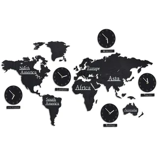 Relaxdays Weltkarte Holz mit 5 Uhren, 10 Städteschilder, 3D Landkarte Welt, mit Schablone, H x B: 61 x 113 cm, schwarz
