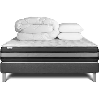 Komplettpaket Bett - Matratze 160x200 cm + Boxspringbett mit Lattenrost (im Set) + 2 Kopfkissen + Bettdecke - Vitalspring Zen - Grau