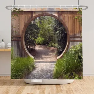 SDOTPMT 180x180cm Natur Der Garten Landschaften Duschvorhang Rund Hölzern Tür Bauernhaus Altmodisch Badvorhang Grün Botanik Blätter Dusche Vorhang für Badezimmer Polyester mit Haken