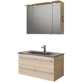 Saphir Badmöbel-Set "Serie 6025 2-teilig Mineralmarmor-Waschtisch mit LED-Spiegelschrank" 2 Stk. tlg., polar pinie quer nb