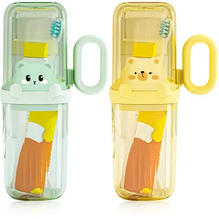 SacJkt Zahnputzbecher Kinder, 2 Stück Zahnbürsten Etui Set mit abnehmbarem Griff, Zahnbürstenhalter für Geschäftsreise, Schulcamping, Reisen oder den täglichen Gebrauch(Gelb + Grün)