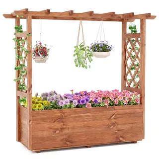 FANTASK Hochbeet Holz mit Rankgitter & Abflusslöchern, Braun 115x40x103 cm
