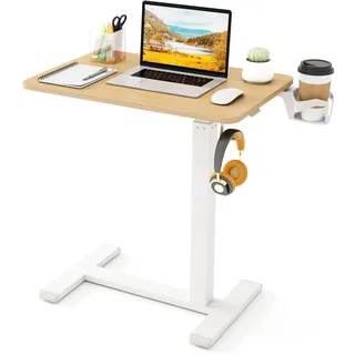 Fantask Beistelltisch mit versteckten Rollen, Pflegetisch mit Becherhalter & Haken für Kranken- und Pflegebetten (Natur + Weiß)