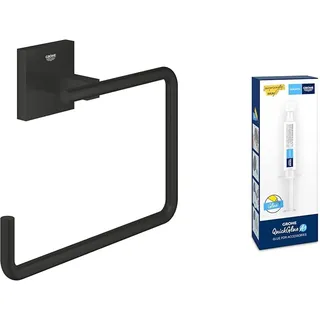 GROHE Start Cube - Handtuchring- Set (Material: Metall, inkl. QuickGlue A1: Klebeset für einen Klebepunkt, verdeckte Befestigung), matt schwarz, 409752430