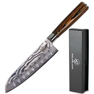Wolfblood Damastmesser Santoku Messer XL (30cm) TÜV geprüfter 62 HRC Damaststahl aus 67 Lagen I Damast-Küchenmesser Santokumesser mit Holzgriff Geschenkbox und Klingenschutz
