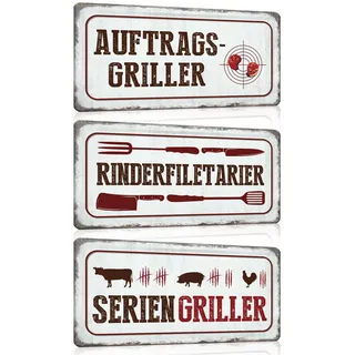 3er Set Grill Schilder 15x30cm - Retro Blechschild mit Spruch Lustig - AUFTRAGS-GRILLER - SERIENGRILLER - RINDERFILETARIER - BBQ Poster Wanddeko Geschenk für Küche Grillplatz Grillecke Garten