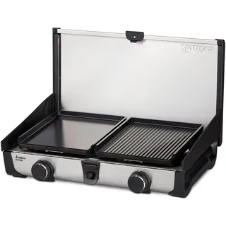 Enders Ryda 2Z GP, Gaskocher mit Zündsicherung, 2-flammig, Edelstahlbrenner 2x2,3 kW, klein und kompakt, inkl. Grillplatte, Gasschlauch und Windschutz, Campinggrill, #1883