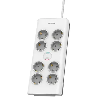 Philips SPN7080WA/10 Steckdosenleiste mit 8 Steckdosen,Stromverriegelung,3.680 W,geflochtenes Netzkabel,2 m hochfest,Sicherheitsverschluss (Prot-LED-Anzeige 900J), weiß