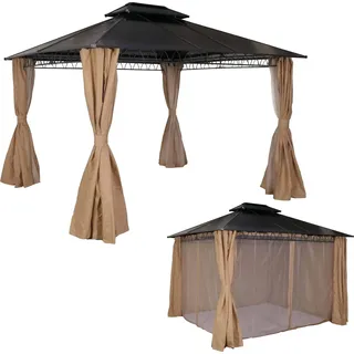 Hardtop Pergola HWC-M81, Pavillon, Aluminium Dachstreben 7cm-Stahlgestell mit Seitenwand und Moskitonetz 3,6x3m creme - Beige