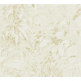 A.S. Création Smart Surfaces Florale Vliestapete mit Palmenblätter 10,05 m x 0,53 m - Beige, Weiß, Gold - Tapete mit Blättermotiv Made in Germany - 395601