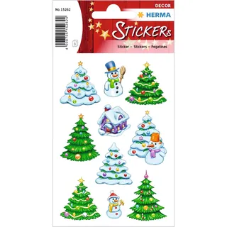 HERMA 15262 Aufkleber Weihnachtsbaum klein, 30 Stück, Weihnachten Sticker mit Schneemann Tannenbaum Motiv, Kinder Etiketten für Weihnachtsdeko Geschenke Adventskalender Winter Deko Briefe DIY Basteln