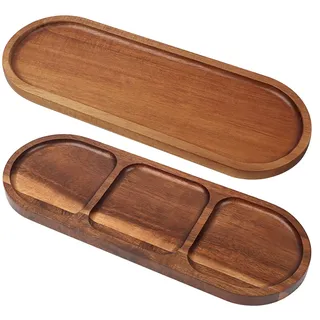 Muzhu 2 Stück Ovale Holztabletts: 29x10.8cm Naturholz Servierbretter Holztablett Akazie Braunes Deko mit Randdesign zur Verhinderung, Ideal für Desserts, Snacks, Früchte in Küche(1Fach & 1Plain)