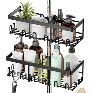 HouseUp Duschablage Ohne Bohren, 2 Stück Duschstangen-aufbewahrungsregal Edelstahl für 18 mm-25 mm Duschstange, Schwarz Badezimmer Organizer Shampoo Halterung für Dusche