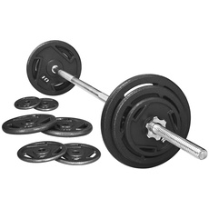 Signature Fitness Standard-Hantelscheiben aus Gusseisen, inklusive 1,5 m Standard-Langhantel mit Sternverschlüssen, 20,4 kg Set (15,9 kg Scheiben + 4,5 kg Langhantel), mehrere Pakete, Stil #3