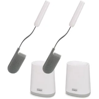Joseph Joseph Flex Lite - 2er-Pack Silikon-Toilettenbürste mit schlankem Haltegriff, flexibel, tropffreier, verstopfungsfreier Kopf, ABS, Stainless-Steel, weiß/grau