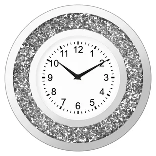 Wanduhren Modern Wohnzimmer Glitzer Wanduhr ohne Tickgeräusche Silber Luxus Diamant Wanduhr Oktagon 35 cm Glitzer Kristall-Uhr mit Stillem Quartzwerk Bling Bling Kristall Deko Uhr (Rund)