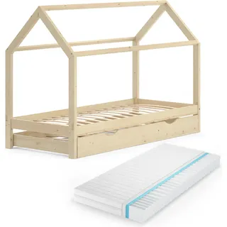 Hausbett Vitalispa Wiki Naturholz 90x200 cm mit Gästebett und Matratze, Model 37585 - Braun