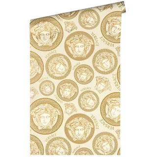 A.S. Création Versace Wallpaper 5 Vliestapete mit Monogramm-Muster 0,70 x 10,05 m – Gold, Weiß – hochwertige Luxustapete Made in Germany – 386115