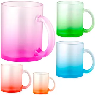 noTrash2003 Set Kaffeetassen Kaffeepott Haferl Teeglas Henkel bruchsicheres Borosilikatglas satiniert mattiert - fröhliche Farbverläufen je 350 mL buntes 5er Set oder farbreinem 6er Set (5 x Farbmix)