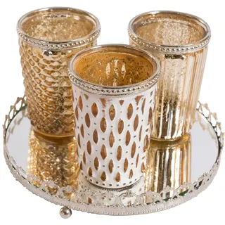 H&D Manufaktur Jinfa 3er-Set Windlichter Teelichtglas mit Spiegelplatte Teelichthalter Kerzenglas Kerzentablett | Antikgold