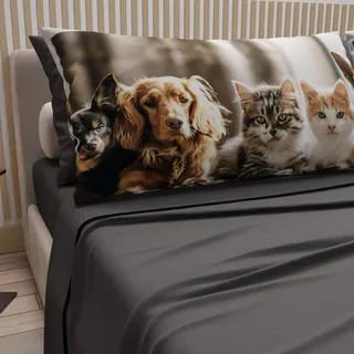 PETTI Artigiani Italiani - Bettwäsche Tiere mit Katzen und Hunden aus Baumwolle mit Kissenbezügen im Digitaldruck, Bettwäsche für Einzelbett, dunkelgrau, 100% Made in Italy