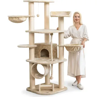 HAPPYPET Kratzbaum für Katzen groß 181 cm hoch - Stabiler Kletterbaum Katzenbaum, dicke Stämme mit 11 cm, Creme - Beige