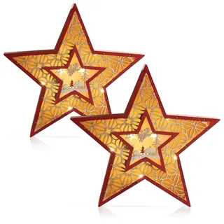 com-four® 2x LED Stern als dekorative Beleuchtung - Lichterstern als Deko - Weihnachtsstern aus Holz - LED-Beleuchtung mit Timer-Funktion als Stimmungslicht (2 Stück Stern - rot braun)