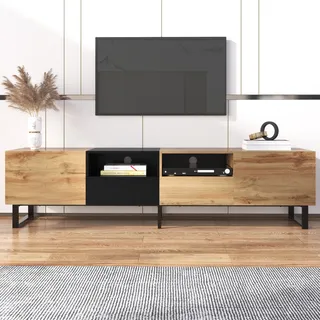 Merax TV-Lowboard Wildeiche TV-Schrank mit vier Schubkästen, Fernsehtisch Lowboard aus Holz, Vintage Industrial, 190cm breit - Naturbelassen, Schwarz