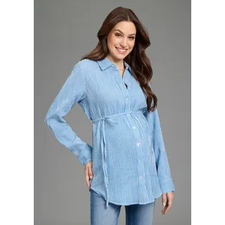 Umstandsshirt NEUN MONATE "Umstands-Bluse, Musselin, Streifenbluse", Damen, Gr. 42, blau (blau gestreift), Web, Obermaterial: 100% Baumwolle, gestreift, Po-bedeckend, 2-Knopf-Manschette, Shirts Umstandsshirt, mit Blusenkragen, mit Bindebändern, mit Knopfleiste, langärmlig