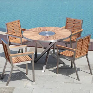 Teako Design Designer Essgruppe Alserio/Dosazzo 5-teilig - Teakholz & Edelstahl Gartenmöbelset mit 4 Stapelstühlen (80 cm Breit)
