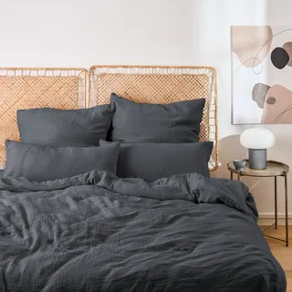 Blumtal Musselin Bettwäsche 135x200 cm + 40x80 cm - Oeko-TEX zert. Bettwäsche Musselin aus 100% Baumwolle - extra weiches Bettwäsche-Set waschbar bei 40 °C - Sommerbettwäsche Anthrazit