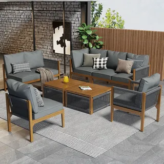 Merax Gartenlounge-Set 7 Personen, 6-tlg.Sitzgruppe mit Sofa, Bank, 2 Stühle und 2 Couchtische, Gartenmöbel Set aus Akazie, Balkonset Seil Rope Lounge