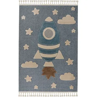 Kinderteppich KAYOOM "Modena 416", blau, B:120cm H:11mm L:170cm, Polypropylen, Teppiche, Kinderteppich, auch in rund, Kurzflor, Hoch Tief, mit Fransen