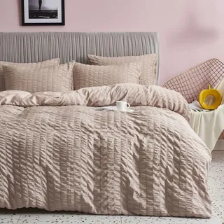 Freyamy Bettwäsche 135x200 Seersucker Khaki Geprägt Gestreifte Bettwäsche-Sets Aesthetic Microfaser ÖKO-TEX Bettbezug 1 Deckenbezug mit Reißverschluss und 1 Kissenbezug 80x80cm