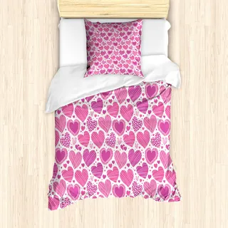 ABAKUHAUS Valentines Mantele, Rosa Romantische Motive, Milbensicher Allergiker geeignet mit Kissenbezügen, 135 cm x 200 cm - 80 x 80 cm, Pink Weiß - Pink