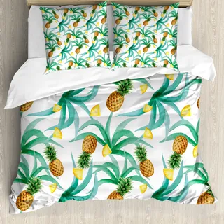 ABAKUHAUS Hawaii Bettbezug, Botanik Inspired Früchte, Milbensicher Allergiker geeignet mit Kissenbezügen, 155 cm x 220 cm - 80 x 80 cm, Jade-Grün Marigold - Gold