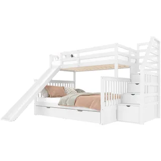 Etagenbett mit 2 Liegeflächen, Lattenrost, Rutsche, Schubladen und Rausfallschutz, 90x200 cm/140x200 cm, Kinderbett - Weiß