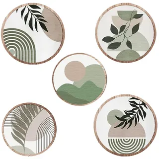 Xtrillogen 5 Stück Boho Wanddeko Wohnzimmer,Pflanzen Wand Deko Wohnzimmer, Runde Boho Deko Wand,Vintage Wanddeko Holz, Grün Moderne Wall Decor für Schlafzimmer,Flur,Badezimmer,Esszimmer