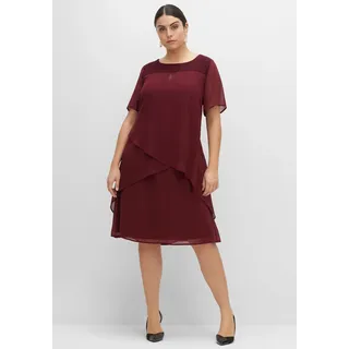 Abendkleid SHEEGO "Abendkleid", Damen, Gr. 56, Normalgrößen, rot (weinrot), 100% Polyester, Spitze:100% Polyamid, unifarben, knielang, Rundhals, Kleider Abendkleid