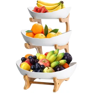 3 Etagen Keramik Obstschale mit Natürlichem Bambus Hölzernen Ständer, Modern Familie Obstkorb, Obst Aufbewahrung Etagere, Küche Servierteller für Gemüse, Desserts, Kuchen, Süßigkeiten, Snacks (Weiß)