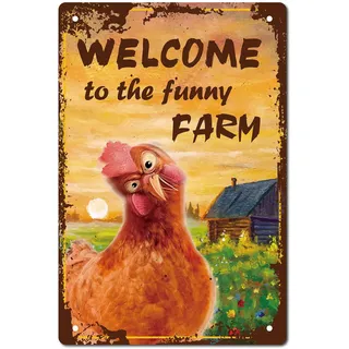 CREATCABIN Welcome to The Funny Farm Schild Huhn Metallblechschilder Vintage Wanddekoration Kunstwand Zum Aufhängen Eisen Malerei Plakette Poster Bauernhaus Garten Club Tür Hof Dekorationen 30x20cm