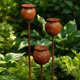 yeeplo 2er Rostige GartendekoSet Rost Deko für Garten Cortenstahl Gartenstecker Metall Blume Mohn Gartendeko Rost Rankstab Beetstecker Topfstecker Naturrost