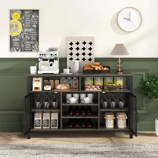 COSTWAY Sideboard, Küchenschrank mit 2 Metallgittertüren, offenen Fächern, Weinregalen & Weinglashaltern, Aufbewahrungsschrank 140 x 40 x 82,5 cm Grau - Grau