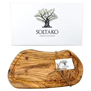 SOLTAKO Schneidebrett Olivenholz mit Saftrille [35-38 cm] "Côte d'Azur" natur, Brett aus Oliven Holz, Steakbrett, Servierbrett