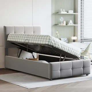 Flieks Hydraulisches Polsterbett 90x200cm mit Stauraum, Boxspringbetten Stauraumbett mit Lattenrost, Jugendbett Einzelbett Kinderbett, Samt, Grau - Grau