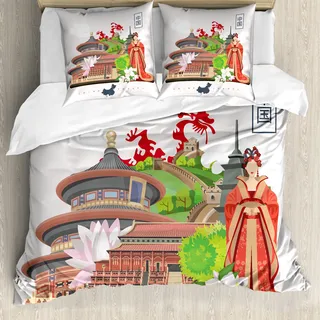ABAKUHAUS Vintage China Bettbezug, Kultur Kleid Palace, Milbensicher Allergiker geeignet mit Kissenbezügen, 155 cm x 220 cm - 80 x 80 cm, Mehrfarbig